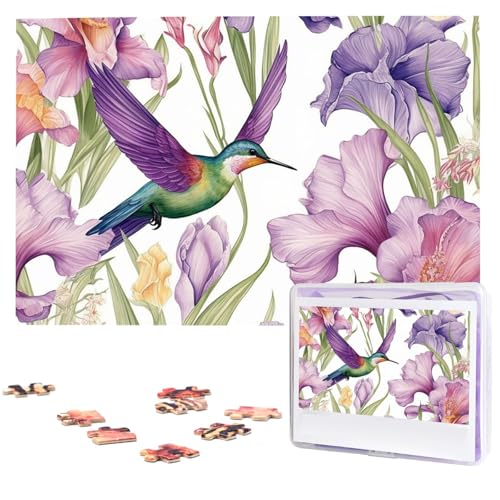 Kolibris, Schwertlilien, Blumen, Puzzle, 1000 Teile, mit Aufbewahrungstasche, personalisierte Puzzles für Männer und Frauen, Bilderpuzzle für Familie, anspruchsvolle Fotos, Puzzle für Heimdekoration von Fhpce