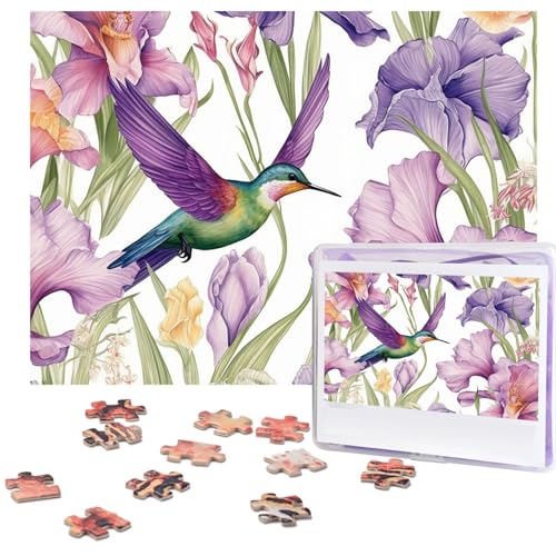 Kolibris, Schwertlilien, Blumen, Puzzle, 500 Teile, mit Aufbewahrungstasche, personalisierte Puzzles für Männer und Frauen, Bilderpuzzle für Familie, anspruchsvolle Fotos, Puzzle für Heimdekoration von Fhpce