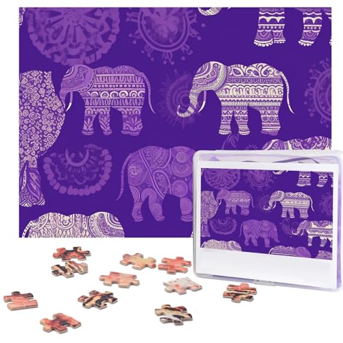 Lila Elefanten-Puzzle, 500 Teile, mit Aufbewahrungstasche, personalisierte Puzzles für Männer und Frauen, Bilderpuzzle für Familie, anspruchsvolle Fotos, Puzzle für Heimdekoration (51,8 x 38,1 cm) von Fhpce