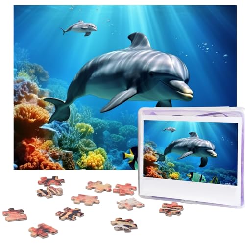 Meerestier-Delfin-Puzzle, 500 Teile, mit Aufbewahrungstasche, personalisierte Puzzles für Männer und Frauen, Bilderpuzzle für Familie, anspruchsvolle Fotos, Puzzle für Heimdekoration (51,8 x 38,1 cm) von Fhpce