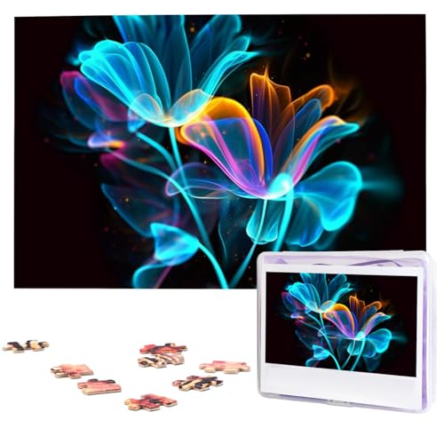 Neonblumen-Puzzle, 1000 Teile, mit Aufbewahrungstasche, personalisierte Puzzles für Männer und Frauen, Bilderpuzzle für Familie, anspruchsvolle Fotos, Puzzle für Heimdekoration (74,9 x 50 cm) von Fhpce