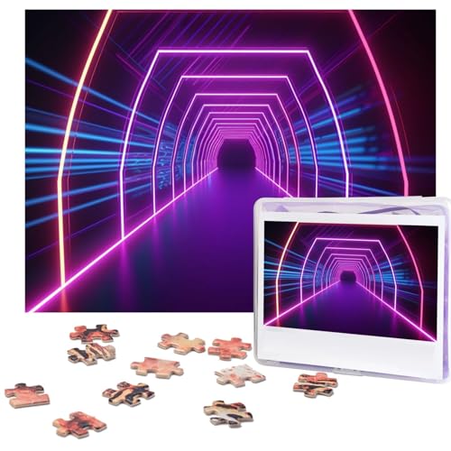 Neonlichter-Tunnel-Puzzle, 500 Teile, mit Aufbewahrungstasche, personalisierte Puzzles für Männer und Frauen, Bilderpuzzle für Familie, anspruchsvolle Fotos, Puzzle für Heimdekoration (51,8 x 38,1 cm) von Fhpce