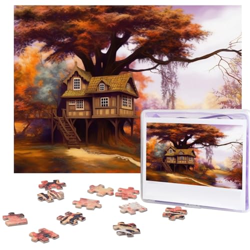 Ölgemälde-Baumhaus-Puzzle, 500 Teile, mit Aufbewahrungstasche, personalisierte Puzzles für Männer und Frauen, Bilderpuzzle für Familie, anspruchsvolle Fotos, Puzzle für Heimdekoration (51,8 x 38,1 cm) von Fhpce