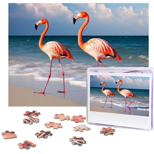 Pink Flamingo Walking on The Beach Puzzles 500 Pieces with Storage Bag Personalized Jigsaw Puzzles for Men Women Picture Puzzle for Family Challenging Photos Puzzle for Home Decor (51.8 cm x 38.1 cm) von Fhpce