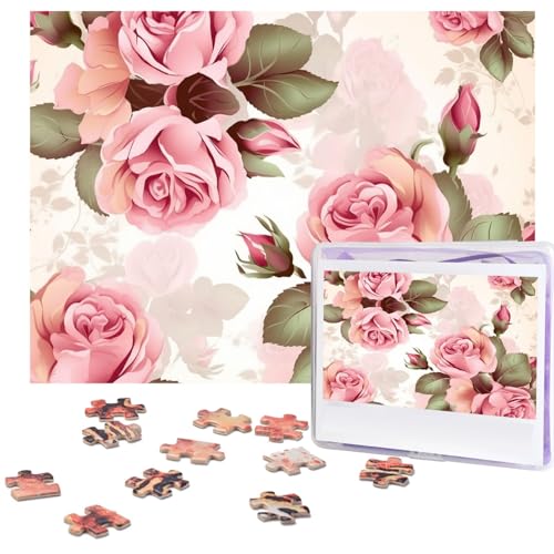 Pink Rose Floral Puzzles 500 Teile mit Aufbewahrungstasche, personalisierte Puzzles für Männer und Frauen, Bilderpuzzle für Familie, anspruchsvolle Fotos, Puzzle für Heimdekoration (51,8 x 38,1 cm) von Fhpce