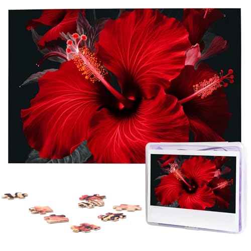 Rote Hibiskusblumen-Puzzles 1000 Teile mit Aufbewahrungstasche, personalisierte Puzzles für Männer und Frauen, Bilderpuzzle für Familie, herausfordernde Fotos, Puzzle für Heimdekoration (74,9 x 50 cm) von Fhpce