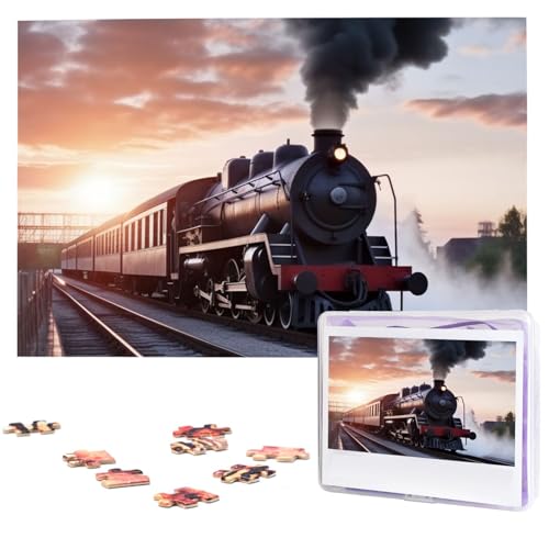 Steam Train Abfahrt Sonnenuntergang Puzzles 1000 Teile mit Aufbewahrungstasche, personalisierte Puzzles für Männer und Frauen, Bilderpuzzle für Familie, herausfordernde Fotos, Puzzle für von Fhpce