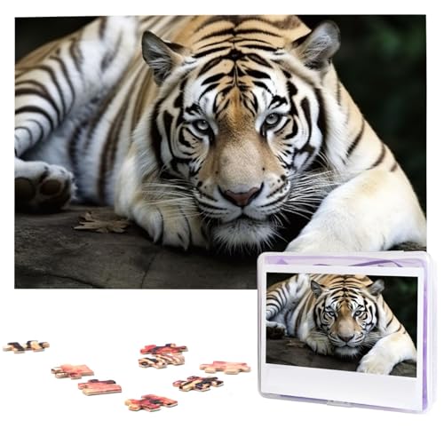 Tiger Liegen auf Felsen Puzzles 1000 Teile mit Aufbewahrungstasche, personalisierte Puzzles für Männer und Frauen, Bilderpuzzle für Familie, herausfordernde Fotos, Puzzle für Heimdekoration (74,9 x 50 von Fhpce