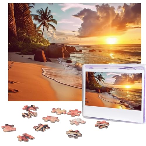 Tropischer Strand bei Sonnenuntergang Puzzles 500 Teile mit Aufbewahrungstasche, personalisierte Puzzles für Männer und Frauen, Bilderpuzzle für Familie, anspruchsvolle Fotos, Puzzle für von Fhpce