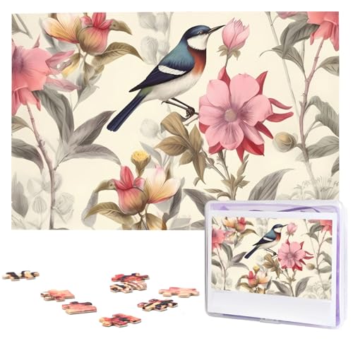 Vintage-Vogel-Blumen-Puzzle, 1000 Teile, mit Aufbewahrungstasche, personalisierte Puzzles für Männer und Frauen, Bilderpuzzle für Familie, anspruchsvolle Fotos, Puzzle für Heimdekoration (74,9 x 50 von Fhpce