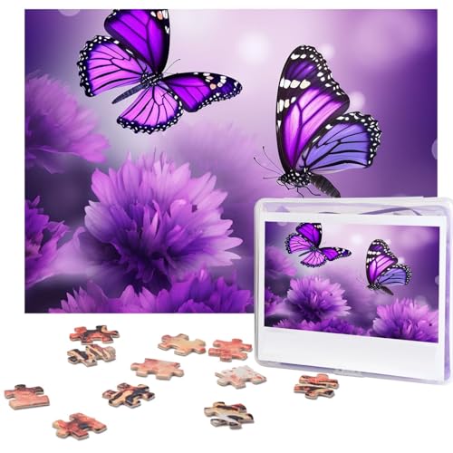 Violette Blumen-Schmetterlinge, Puzzle, 500 Teile, mit Aufbewahrungstasche, personalisierte Puzzles für Männer und Frauen, Bilderpuzzle für Familie, anspruchsvolle Fotos, Puzzle für Heimdekoration von Fhpce