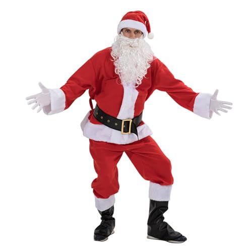 Fhsqwernm Weihnachtsmann-Kostüm mit Nikolausmütze, Handschuhen, Gürtel, Weihnachtsmann und Bart von Fhsqwernm