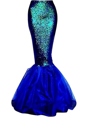 Fiacafyo Damen Meerjungfrau Kostüm Rock Halloween Cosplay Pailletten Langer Schwanz Verkleidung Prinzessin Mesh Rüschen Maxi Party Rock (B-Blau, L) von Fiacafyo