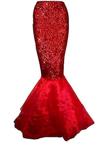 Fiacafyo Damen Meerjungfrau Kostüm Rock Halloween Cosplay Pailletten Langer Schwanz Verkleidung Prinzessin Mesh Rüschen Maxi Party Rock (B-Red, L) von Fiacafyo