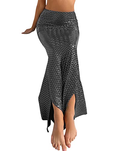 Fiacafyo Damen Meerjungfrau Kostüm Rock Halloween Cosplay Pailletten Langer Schwanz Verkleidung Prinzessin Mesh Rüschen Maxi Party Rock (C-Schwarz, XL) von Fiacafyo