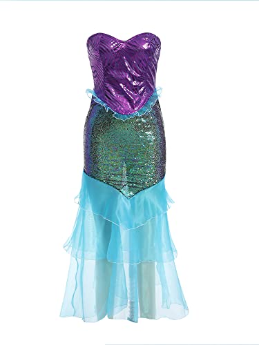 Fiacafyo Damen Meerjungfrau Party Kostüm Trägerlos Tube Tops Rüschen Pailletten Bodycon Langer Schwanz Cosplay Kostüm Halloween Verkleidung (A-Blau, L) von Fiacafyo