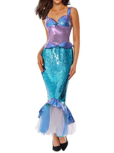 Fiacafyo Damen Meerjungfrau Party Kostüm Trägerlos Tube Tops Rüschen Pailletten Bodycon Langer Schwanz Cosplay Kostüm Halloween Verkleidung (B-Lila Blau, L) von Fiacafyo