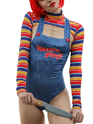 Fiacafyo Halloween-Kostüme für Damen, Motiv: Wanna Play, Filmfigurenkleid, gruseliger Albtraum-Killer-Puppe, Body, Chucky-Puppe, Kostüm-Set (B-Blau, L) von Fiacafyo