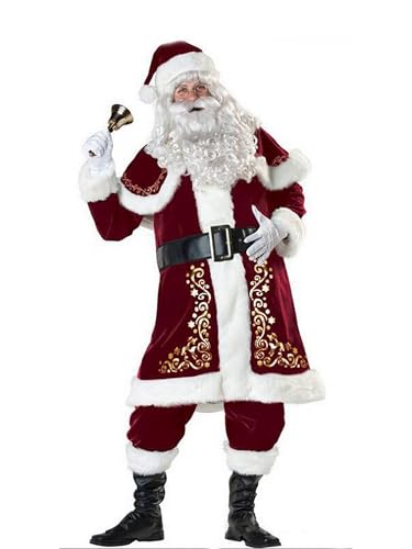 Fiacafyo Herren Weihnachten Santa Kostüm Set Luxus Deluxe Samt Santa Claus Cosplay Kostüm Verkleidung Mottoparty Kleidung Set (B-Red, M) von Fiacafyo