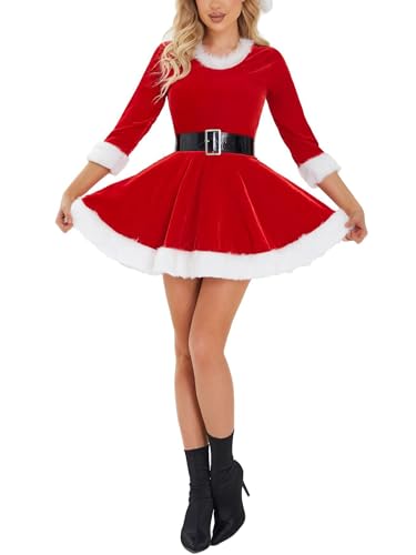 Fiacafyo Mrs. Santa Claus Kostüm für Damen Cosplay Weihnachtskleid Halbarm A-Linie Kleid mit Gürtel Santa Lady Cosplay Anzug (B-Red, S) von Fiacafyo