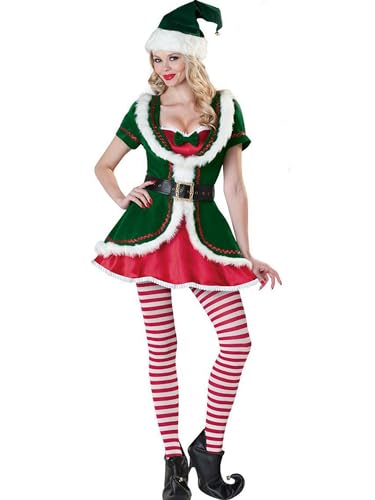 Fiacafyo Weihnachtselfenkostüm-Set für Damen und Mädchen, Weihnachtsmannkleid, langärmeliges Kleid und Gürtel, Hut, Schuhe für Party, Rollenspiel, Cosplay (Damen, L, B-Grün) von Fiacafyo