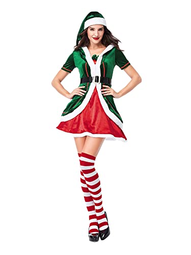 Fiacafyo Weihnachtsmann-Helfer-Kostüm-Set für Damen, langärmeliges Kleid und Gürtel, Hut, Schuhe für Party, grünes Rollenspiel, Cosplay (Damen, L, C-Grün) von Fiacafyo