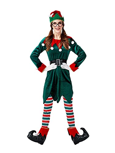 Fiacafyo Weihnachtsmann-Helfer-Kostüm-Set für Damen, langärmeliges Kleid und Gürtel, Hut, Schuhe für Party, grünes Rollenspiel, Cosplay (Damen, L, D-Grün) von Fiacafyo