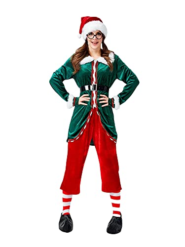 Fiacafyo Weihnachtsmann-Helfer-Kostüm-Set für Damen, langärmeliges Kleid und Gürtel, Hut, Schuhe für Party, grünes Rollenspiel, Cosplay (Damen, L, E-Grün) von Fiacafyo