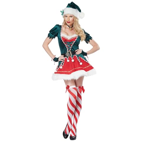 Fiacafyo Weihnachtsmann-Helfer-Kostüm-Set für Damen, langärmeliges Kleid und Gürtel, Hut, Schuhe für Party, grünes Rollenspiel, Cosplay (Damen, M, B-Grün) von Fiacafyo