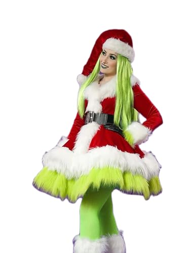 Fiacafyo Weihnachtsmann-Kostüm für Damen, großes Monster, langärmelig, schwarzer Gürtel mit roter Nikolausmütze, Weihnachtsmann-Kostüm, Cosplay-Outfit (A-Grün, L) von Fiacafyo