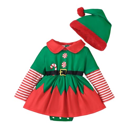 Fiacafyo Weihnachtsoutfit für Neugeborene, Mädchen, langärmelig, Samt-Kunstfellbesatz, A-Linie, Strampler + Mütze, 2-teiliges Set (C-Grün, 12–18 Monate) von Fiacafyo