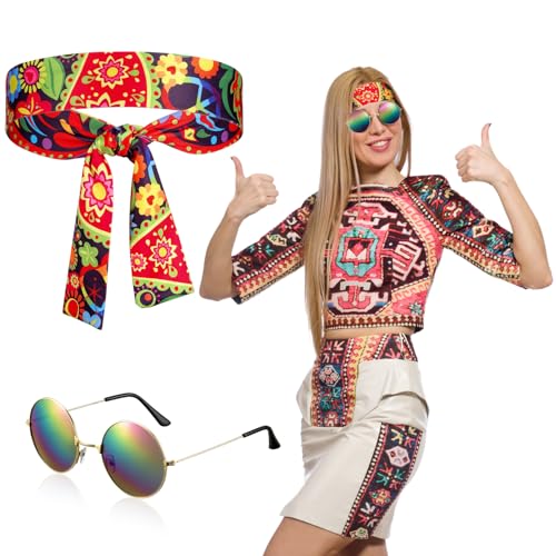 Fiada 2 Stück Hippie Accessoires für Damen Hippie Haarband und Hippie Sonnenbrille Strand Stirnband Buntes Schickes Haarband Kostüm Set für Karneval Halloween Disco 60er 70er Jahre Sommer Party von Fiada