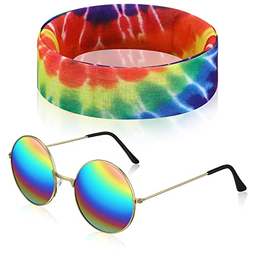 Fiada 2 Stück Hippie Kostüm Set Tie Dye Sonnenblume Hippie Stirnband Vintage Runde Hippie Brille 70er Sonnenbrillen Regenbogen Hippie Accessoires für 60er Hippie Verkleidung Halloween Festival von Fiada