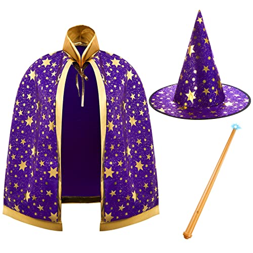 Fiada 3 Stück Hexen Kostüme für Kinder inklusive Zauberer Umhang Zauber Hut Zauberstab mit Licht und Geräusch Zauberer Halloween Kostüm für Jungen Mädchen Mardi Gras Karneval Cosplay (Lila) von Fiada