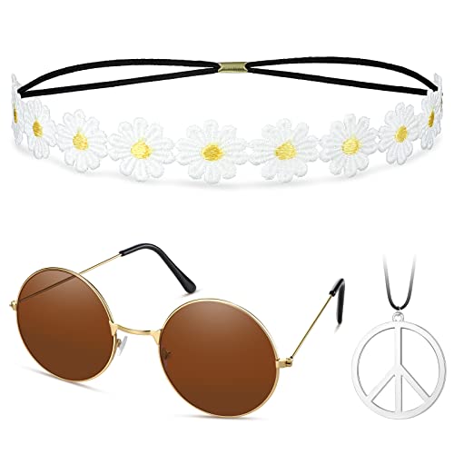 Hippie Kostüm Set 60er Runde Brille Frieden Zeichen Halskette Gänseblümchen Sonnenblumen Stirnband Hippie Accessoires für Damen Herren Verkleidung Hippie Party Zubehör (Dunkelbraun, Gelb) von Fiada