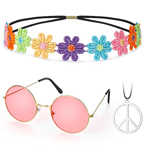 Hippie Kostüm Set 60er Runde Brille Frieden Zeichen Halskette Gänseblümchen Sonnenblumen Stirnband Hippie Accessoires für Damen Herren Verkleidung Hippie Party Zubehör (Rosa, Bunt) von Fiada