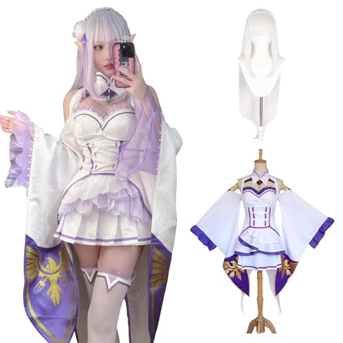 Fiamll Anime Emilia Cosplay Kostüm Outfit Re Life In A Different World from Zero Cosplay Kostüme Emilia Kleider Komplette Sets Karneval Party Outfit mit Perücke Weiß L von Fiamll