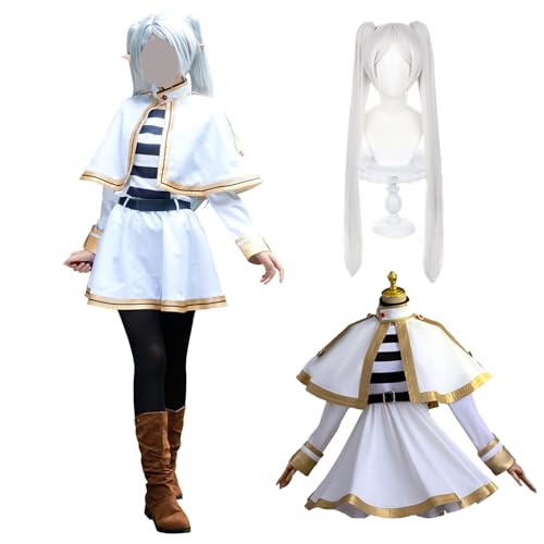 Fiamll Anime Frieren Cosplay Kostüm Outfit Frieren Weiß Anzug Sousou no Frieren Kostüm Frauen Anime Weiß Cosplay Outfit Halloween Karneval Anzug mit Perücke M von Fiamll