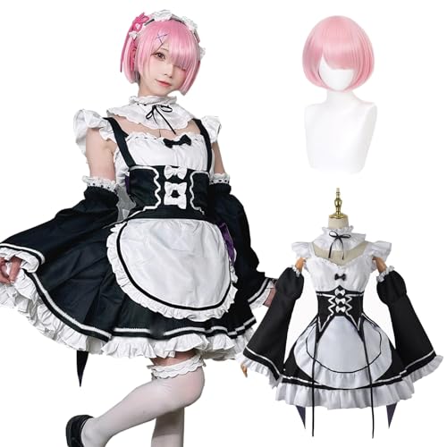 Fiamll Anime Ram Cosplay Kostüm Outfit Re Life In A Different World From Zero Maid Kleid Uniform Komplettes Set Karneval Dress Up Anzug mit Perücke für Frauen Mädchen L von Fiamll