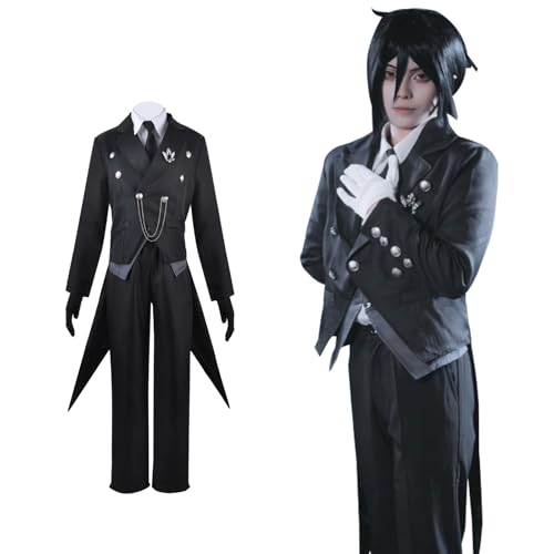 Fiamll Anime Sebastian Michaelis Cosplay Haushälterin Schwarze Uniform Sebastian Michaelis Outfit Schwalbenschwanz Kleid volles Kostüm Schwarz Weihnachten Halloween Karneval Bühnenauftritt Kostüm S von Fiamll