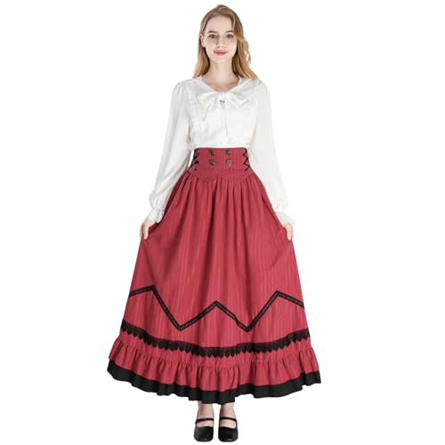 Fiamll Damen Viktorianisches Kleid Mittelalter Kostüm 2-teilig Renaissance Kleid Edwardian Bluse Rock Set Rot L von Fiamll