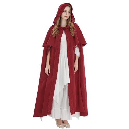 Fiamll Mittelalter Umhang Damen Kapuze Mantel mit Manschette Einfarbige Trenchcoat Renaissance Vampir Umhang Gothic Cosplay Cape Halloween Kostüm Rot L von Fiamll