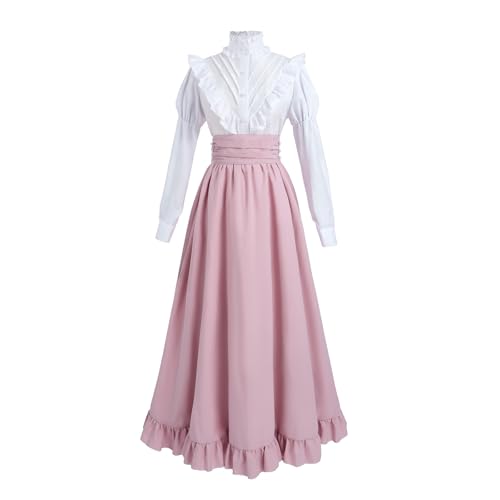 Fiamll Renaissance Kleid Damen Mittelalter Renaissance Kostüm Vintage Viktorianisches Kleid Ballkleid Victorian Bluse mit Renaissance Maxirock Rosa L von Fiamll