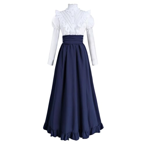 Fiamll Renaissance Kleid Damen Viktorianisches Kostüm Vintage Ballkleid Damen Mittelalter Bluse mit Renaissance Maxirock Blau L von Fiamll