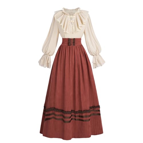 Fiamll Renaissance Kostüm Viktorianisches Kleid Damen Mittelalter Kleid Vintage Ballkleid Damen Victorian Bluse mit Renaissance Maxirock Rot L von Fiamll