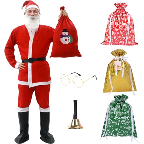 Ficlwigkis Weihnachtsmann Kostüm,12-Teiliges Weihnachtsmann Herren,Weihnachtsmannkostüm mit Mütze,Bart,Gürtel,Lederstiefel,Brille,Glocke,Geschenktüte Weihnachtsmann Weihnachtskostüm Erwachsene von Ficlwigkis