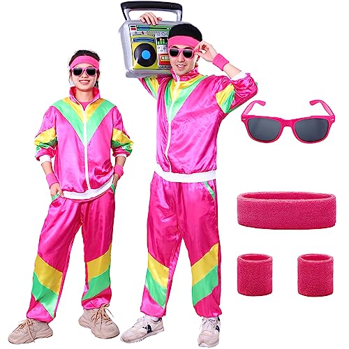 Ficlwigkis 80er 90er Jahre Outfit Damen Herren,6Pcs Rosa 80er 90er Jahre Kostüm Damen Retro 80er 90er Anzug mit Stirnband Armbänder Brille für Karneval (Rosa, L) von Ficlwigkis