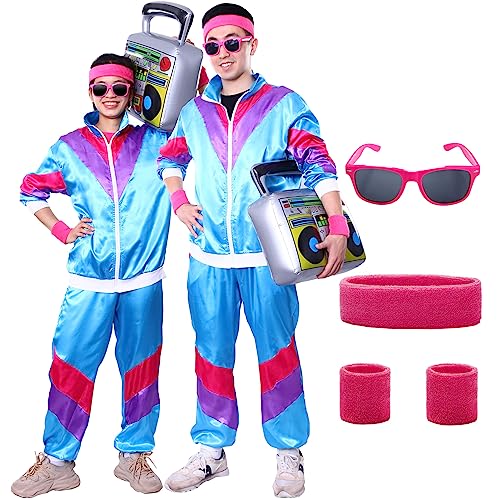 Ficlwigkis 80er 90er Jahre Outfit Herren Damen,6Pcs Blau Karneval Kostüm Trainingsanzug Retro Anzug mit Stirnband Armbänder Brille für Karneval (Blau, M) von Ficlwigkis