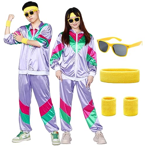 Ficlwigkis 80er 90er Jahre Outfit Herren Damen,7Pcs Lila Karneval Kostüm Trainingsanzug Retro Anzug mit Stirnband Armbänder Brille für Karneval (Lila, S) von Ficlwigkis