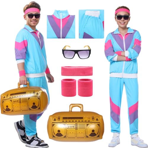 Ficlwigkis 80er 90er Jahre Outfit Herren Damen,8 Pcs 80er 90er Kostüm Bad Taste Outfit Herren Damen mit Jacke Hose Stirnband Armbänder Brille Aufblasbare Radio für Karneval (Blau, L) von Ficlwigkis